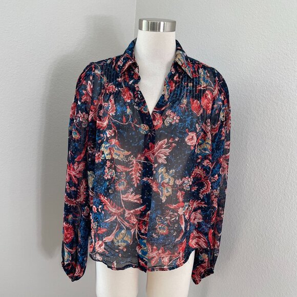 Express Womens Small Sheer Floral Button Up Blouse Long Sleeve Shirt Top - Picture 1 of 12